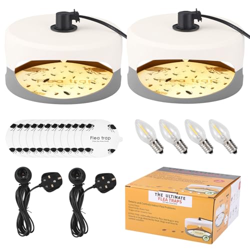 2 Pack Flea Trap, Flea Lamp Traps for House with 4 LED Bulbs, 12 Sticky Paper, Non-Toxic, Odorless, Fleas Catcher for Home Carpets Bedding