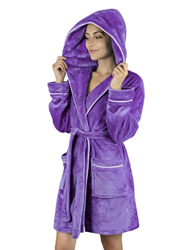 Gräfenstayn Bademantel Damen flauschig mit Kapuze - Kuschelfleece - Öko-Tex Standard 100 - Morgenmantel leicht & kurz - Größe (S, Lila)