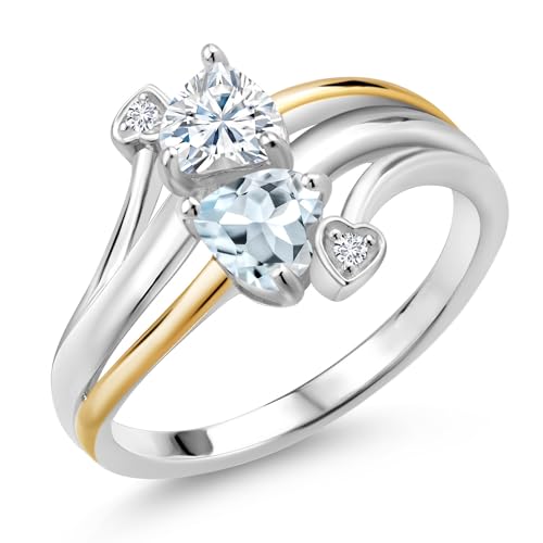 Gem Stone King 925 Silver and 10K Yellow Gold Sky Blue Aquamarine 2 Heart Promise Couple Engagement Mother Lab Grown Diamond Ring Set with Moissanite (0.85 Cttw)