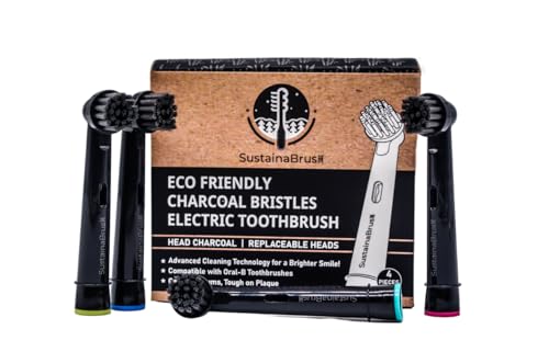 SustainaBrush Replacement Oral-B Compatible Toothbrush Head, 4-Pack, Black Bamboo and Charcoal Bristles for Teeth Whitening, Compatible with Oral-B Electric Toothbrushes, 100% Recyclable