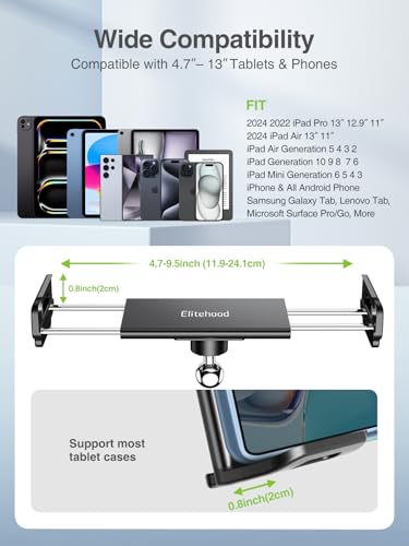 elitehood 8.5in Long Arm iPad Holder for Mic Stand, 360° Adjustable Aluminum Mic Stand Tablet Holder for Microphone & Stage Music, iPad Mount Compatible with 4-13in Tablets, iPhone and Phones