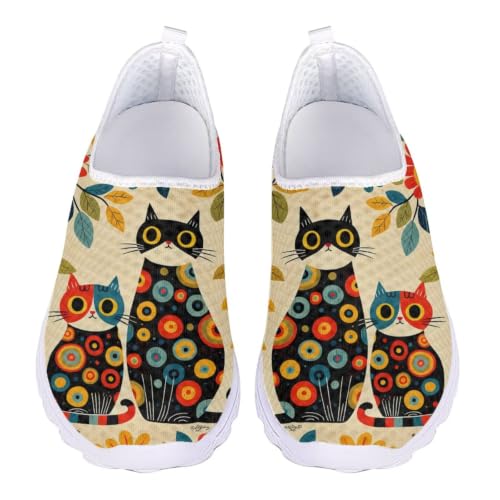 Coloranimal Boho Flower Cat Print Walking Shoes Mesh Sports Shoes for Women Breathable Slip on Swim Beach Aqua Sneakers Running Sneakers Outdoor for Walking Running