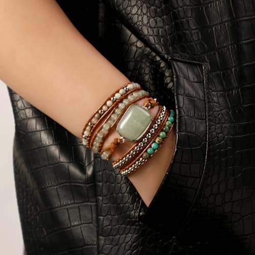 Artilady Natural Stone Bracelets For Women - Boho Leather Wrap Handmade Bracelet Turquoise Agate Healing Crystal Bead Stack Multilayer Jewelry Gifts For Women thumb #2
