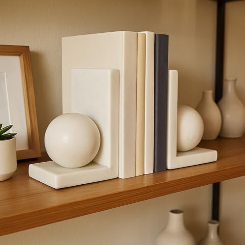 Stylish Orb Marble Book Ends for Home Decor Accent - Decorative Book Accessories for Bookshelf or Office Space - Modern Bookend for Home Library Desk or Coffee Table Decor - Set of 2 6 White