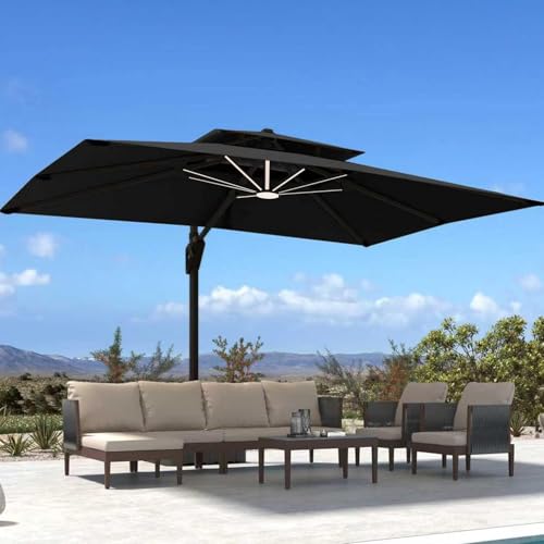 Image of 10' X 13' Patio Umbrella with Weighted Base and LED Lights Outdoor Cantilever Large Rectangle Offset Umbrellas Heavy Duty Aluminum Double Top with 360-degree Rotation for Pool Garden Deck, Black