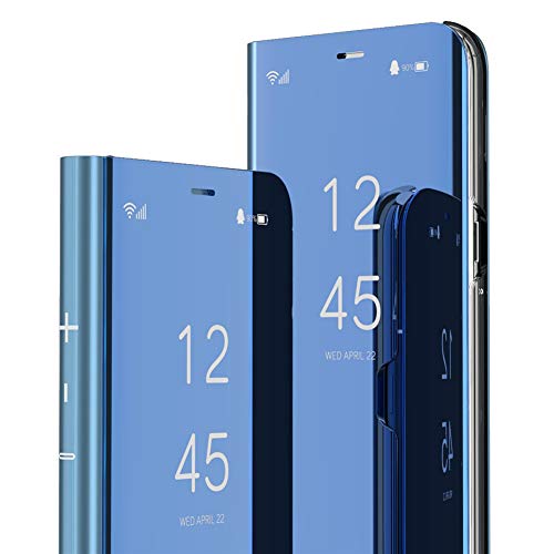 MEIKONST Huawei Honor 9X Case,PU Mirror Flip Ultra Slim Cover Scratchproof Clear View Window Built in Kickstand Full Body Protective Cover for Huawei Honor 9X/ Honor 9X Pro/Huawei Y9S,QH Mirror Blue