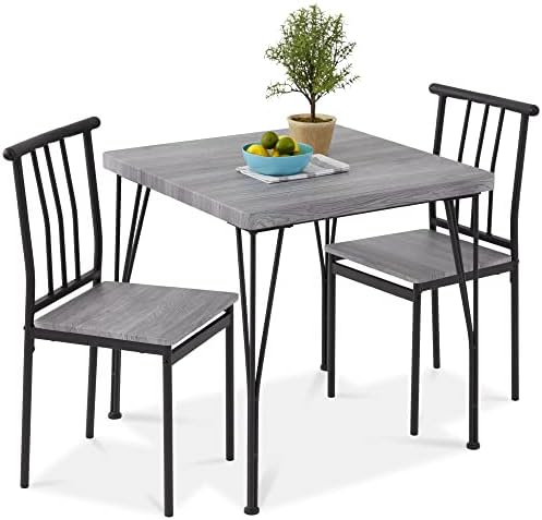 Best Choice Products 3-Piece Dining Set Modern Dining Table Set, Metal and Wood Square Dining Table for Kitchen, Dining Room, Dinette, Breakfast Nook w/ 2 Chairs - Gray