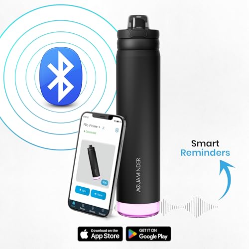 Image of Aquaminder Rio Prime+ Smart Water Bottle, 700 ml with Beep & Glow Reminder Double Wall Stainless Steel, Hot & Cold Retention, 15-Day Battery (Black)