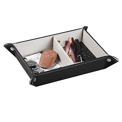 YAPISHI Key Tray Large for Men Leather Entryway Dish Bedside Catchall Bowl 2 Dividers Nightstand Organizer Caddy Travel Valet Tray for Wallet Coins Change Dice Watch Phone, Sundries Holder (Grey)
