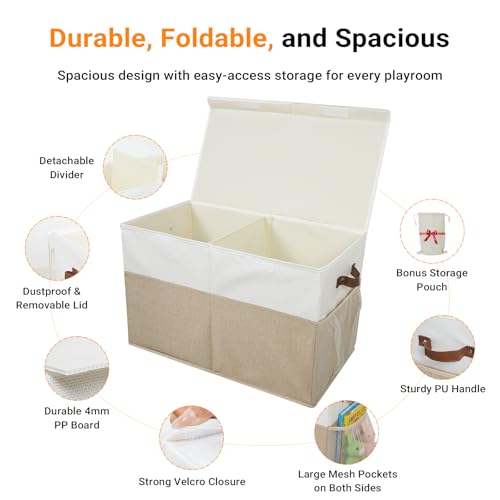 LIWEGHT Large Storage Box with Lid Collapsible Sturdy Storage Rganizer Chest Bins with Divider for Nursery, Bedroom, Playroom, 63.5x33x40.6cm(Beige&White)
