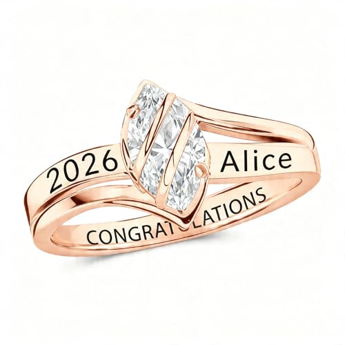 Cargari Rose Gold April Personalized Class Ring for Women 925 Sterling Silver Custom Engraved 2026 High School Ring Graduation Gift for Daughter