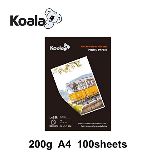 KOALA Fotopapier für Laserdrucker, Doppelseitig, Glänzend, A4, 200 g/m², 100 Blatt. Geeignet zum Drucken von Fotos, Zertifikaten, Broschüren, Flyern, Faltblättern, Grußkarten, Kalendern, Kunst