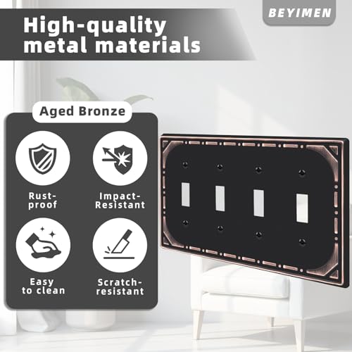 2 Pack Quad Toggle Light Switch Covers Plate, Oil Rubbed Bronze Metal Decorative Switch Plate Covers, 4 Gang Wall Plate for Light Switch - Classic Retro Style by BEYIMEN - Image 4