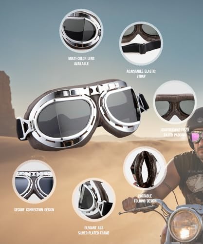 CRG Sports Motorcycle Goggle Aviator Pilot Style Cruiser Scooter Motocross Goggles for Man, Woman, Adult - Thumbnail 4