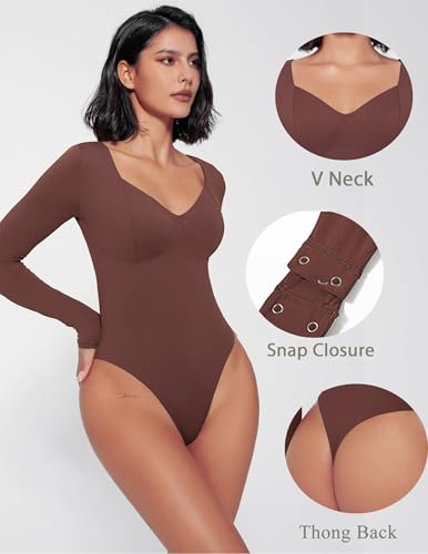 Image of Avidlove Bodysuit for Women Long Sleeve Double Lined Tank Top V Neck Bodysuit Tummy Control Shapewear