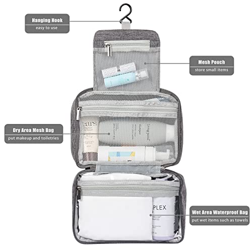 Etercycle Toiletry Bag For Women Men, Waterproof Hanging Toiletry Bags For Traveling, Portable Foldable Travel Wash Bag With Hanging Hook, Shaving Bag For Bathroom Shower- Gray #TOP3