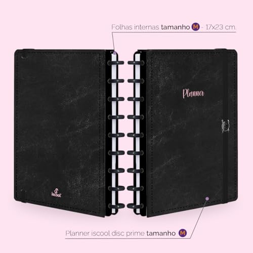Planner Iscool Disc Datado Spot Touch Couro Preto