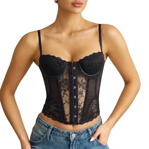 LEACOOLKEY Lace Corset Top for Women Sexy Sheer Floral Bustier