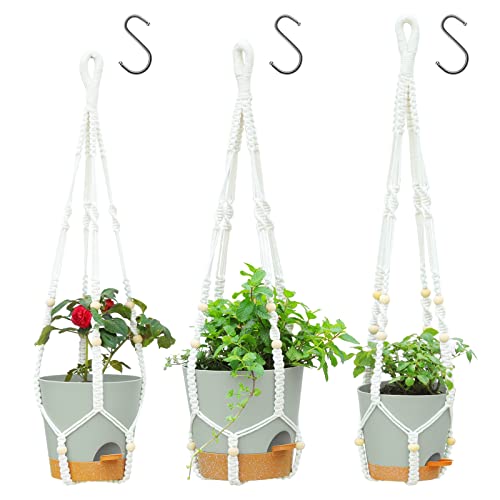 GARDIFE Hanging Planters For Indoor Plants,3Pcs Hanging Basket for Indoor Outdoor Boho Home Decor,35 Inches Long 4mm Thick Macrame Plant Hanger, Ivory,Include 9/8/7.5 Inch Self Watering Planters,Green