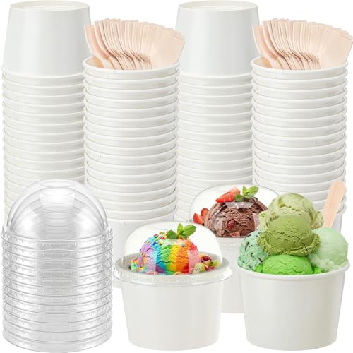 Ninehaoou 50 Pack Ice Cream Cups with Dome Lids No Hole and Spoons Bulk Disposable Paper Dessert Bowls White Sundae Containers for Snack Yogurt Soup Birthday Summer Ice Cream Party Supplies (6 oz)