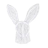 OULII Rabbit Ears Headband Easter Bunny Mask White Lace Bunny Ears with Veil