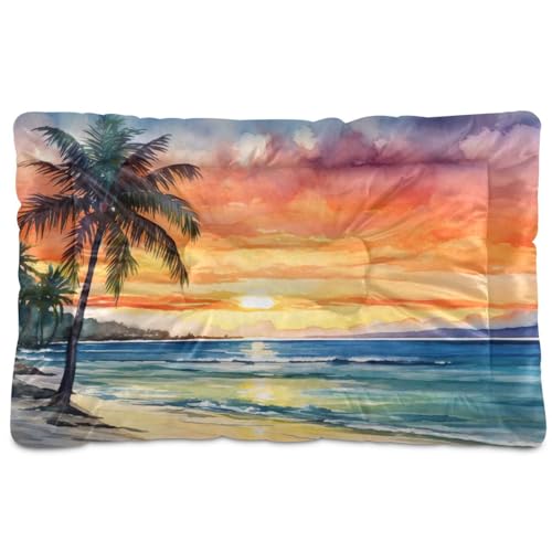 Msyxl Sunset Palm Tree Dog Bed for Crates - 24x18 Inch Washable Pet Mat with Non-Slip Base, Fluffy...