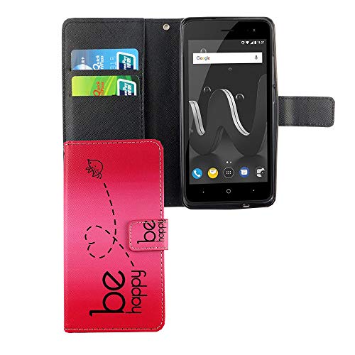 König Design Handyhülle Kompatibel mit Wiko Jerry 2 Handytasche Schutzhülle Tasche Flip Hülle mit Kreditkartenfächern - Be Happy Design Pink