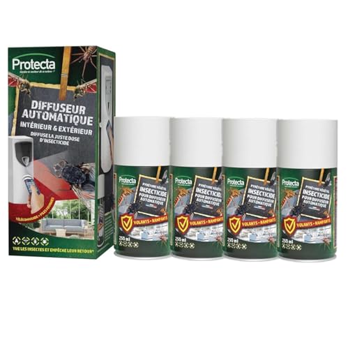 Protecta® - Kit Diffuseur Insecticide Automatique Programmable + Aérosol Pyrèthre 250 ml - Anti-Mouches, Moustiques & Insectes Volants et Rampants - Protection 24h/24 (1 diffuseur + 4 aérosols)