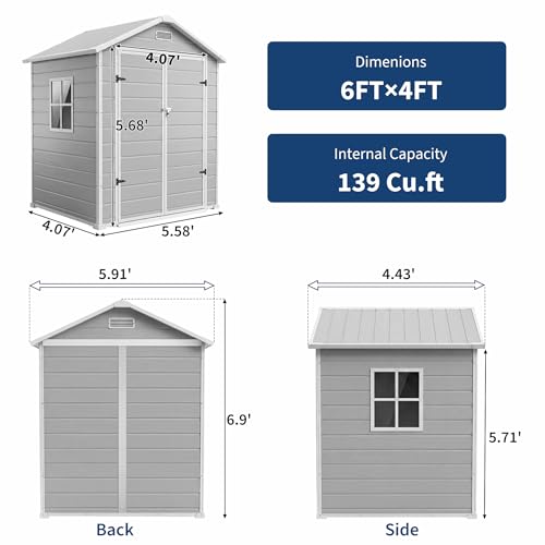 Resin Outdoor Storage Sheds 4x6 ft, Upgraded Double-Wall Outdoor Plastic Shed with Window & Double Doors, Waterproof Lockable Garden Shed (Light Gray, 6 X 4 Ft) by PeakPursuit - Image 5