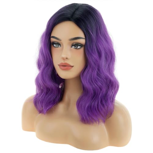 Image of BERON Black Purple 14 inch Women Girls Short Curly Wavy Wig Ombre Taro Purple Body Wave Halloween Cosplay Daily Party Wigs