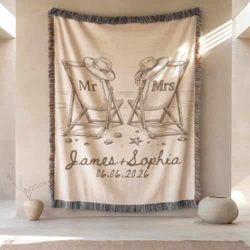 Personalized Beach Couple Woven Blanket