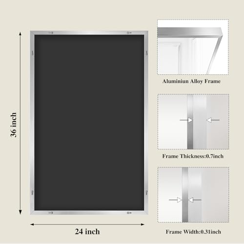Image of Koonmi Silver Rectangle Wall Mirror, 24x36 Inch Bathroom Mirror, Aluminum Frame Vanity Mirror for Entryway, Living Room, Bedroom Bathroom, Hangs Horizontally or Vertically