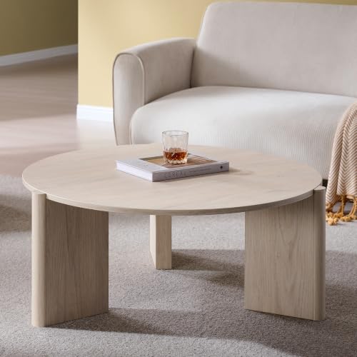 33.5" Wood Round Coffee Table, Small Modern Circle Coffee Table, Cream