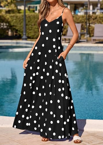 Image of KIRUNDO Womens Polka Dot Spaghetti Strap Flowy Maxi Dress | Sleeveless V Neck Boho Long Dresses, 2026 Summer Beach Vacation Cruise Outfits, A-Line Backless Sundress With Pockets