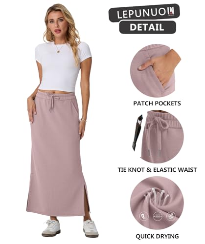 Image of Lepunuo Women's High Waisted Sweat Maxi Skirt with Pockets Slit | Ultra Soft Sweat Fabric, High Waist Drawstring, Deep Phone Pockets, Side Slit for Movement, Ideal for Lounge Travel