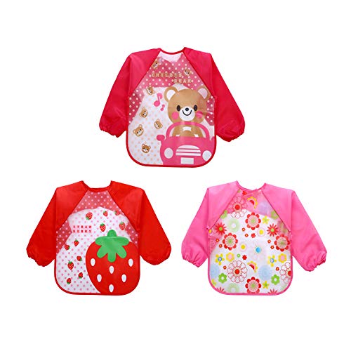 Yeelan 3pcs bavaglini con maniche impermeabili maniche lunghe bavaglino unisex EVA grembiule per neonato/Nursling/bambino alimentando giocando pittura (orso rosso + fiore rosa + fragola rossa)