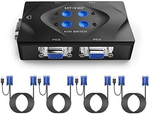 KVM Switch VGA 4 Port, MT-VIKI KVM Switcher VGA Console with 3 USB Hubs + 2in1 Cables+Desktop Selector