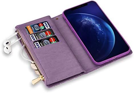 ZTOFERA Folio Wallet Case for Samsung Galaxy S20 FE, Glitter Carving Zipper Handbag with 9 Card Slots & Wrist Strap, Magnetic Stand Flip Protective Cover for Samsung S20 FE 5G - Purple