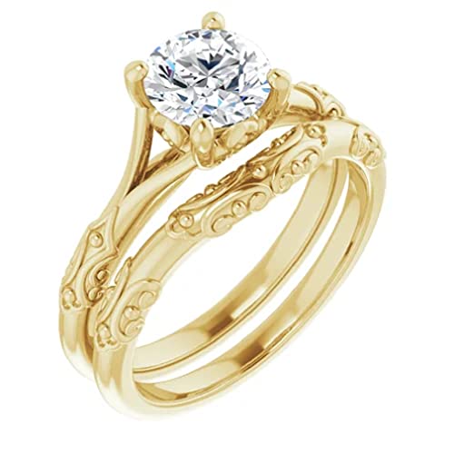 10K/14K/18K Solid Yellow Gold Handmade Engagement Ring, 1CT-9CT Round Cut VVS1 Moissanite Solitaire Ring, Diamond Wedding Ring Set for Women/Her, Anniversary/Propose Ring (Main Stone : 1.00 Carat)