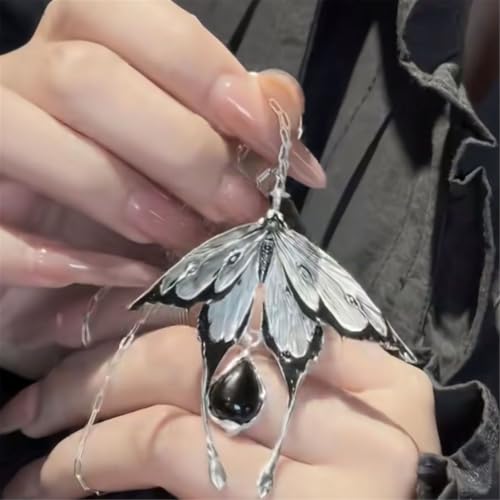 Dark Statement Necklace Moth Charm Pendant Layered Neckchain with Teardrop Dangle for Party Looks Daily Outfits Streetwear Styling Gothic Pendant Alternative Jewelry Dark Necklace Social Outfit Dangle - Image 5