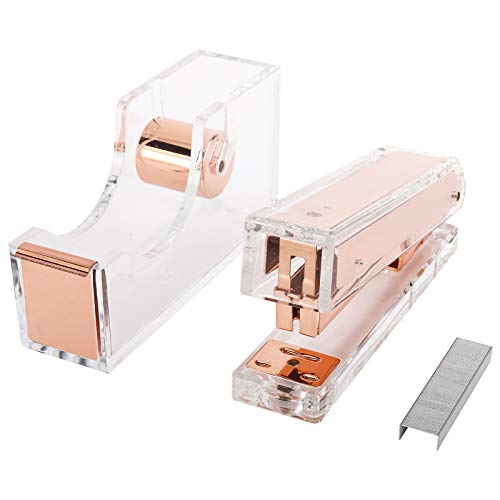 XMSound Acrylic Stapler & Tape Dispenser with 104 Pcs Staples- Elegant Acrylic Tape Dispenser & Stapler Gift Set (Rose Gold)