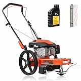 PROYAMA 170cc Gas Walk Behind String Trimmer, 22-Inch Cutting Diameter Brush Cutter Mower, 4-Cycle Engine, 14" Rubber High Wheels, Heavy Duty Weed Eater for Thick Grass, Overgrown Yard & Rough Terrain