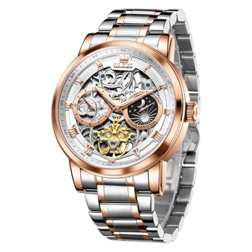 Image of OLEVS Men Automatic Watch Diamond Skeleton Mechanical Luxury Self Winding Moon Phase Calendar Waterproof Wrist Watch for Men