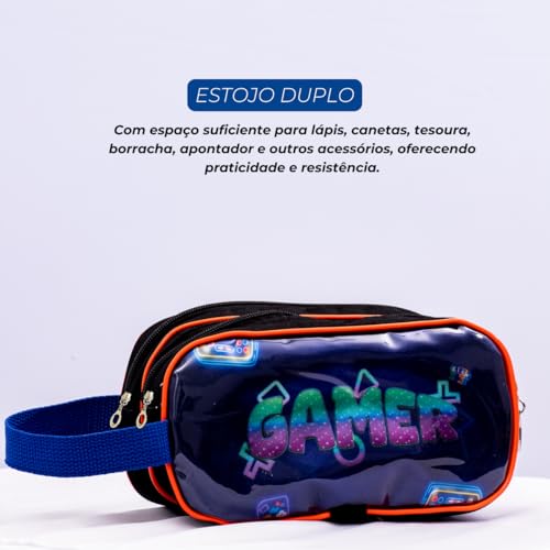 Kit Mochila de Rodinha Escolar Gamer Infantil Masculino + Lancheira Transversal + Estojo Duplo Menin