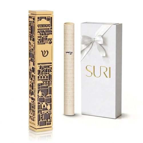Image of SURI Mezuzah for Door with Scroll, 7 Inch Gold and Gray Mezuzah Case with Non Kosher Scroll Inside, Fits a up to 6 Inch Scroll, Includes Adhesive and Gift Box