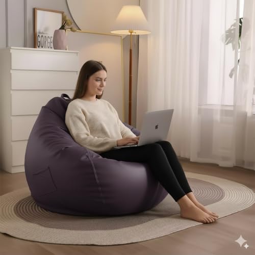 Image of 4XL Leatherette Bean Bag Chair with Footrest & Cushion with Beans Filled (Ready to Use) Color- (Purple, Bean Bag Only)