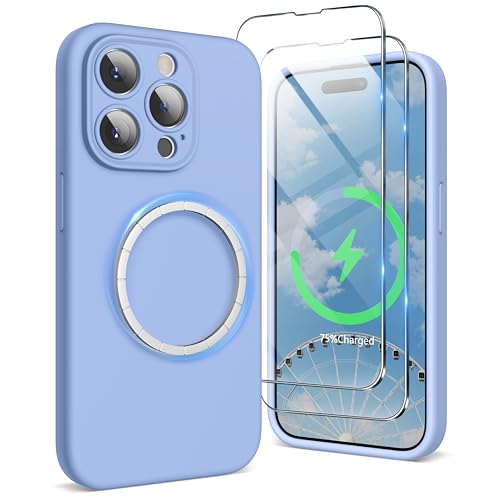 SURPHY Designed for iPhone 15 Pro Case Compatible with MagSafe (6.1 inch 2023), with 2 Pack Screen Protector, Liquid Silicone Phone Case (Camera Protective + Soft Microfiber Lining), Winter Blue