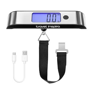 travel inspira Rechargeable Luggage Scale 110lb/50kg – Large Backlit Display – Stainless Steel – Portable Digital Hanging Scale for Suitcases, Bags, Packages (USB -C Charging Included)