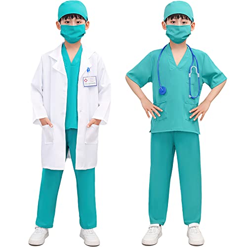 Plulon Kids Doctor Costume Kit Doctor Coat Blue Scrub Top Pants With Realistic Stethoscope Tray Scalpels Carrying Bag Accessories Pretend Play Set For Kids Boys Girls Dress Up Party #TOP1