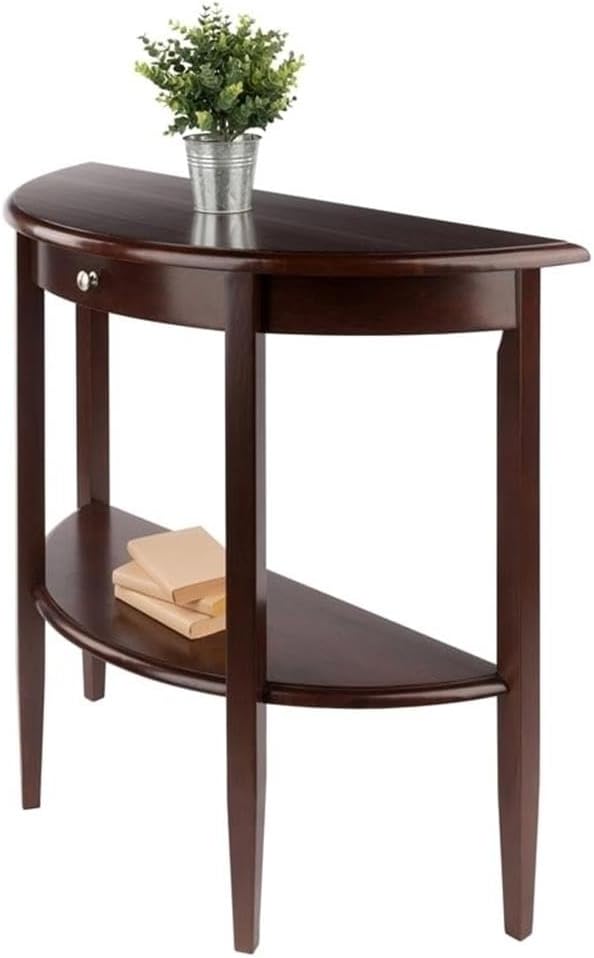 Pemberly Row Half Moon Solid Wood Console Table, Warm Walnut Finish, 39.29" W x 15.75" D x 33.66" H, Drawer and Open Shelf Storage, Transitional Style Entryway or Living Room Furniture